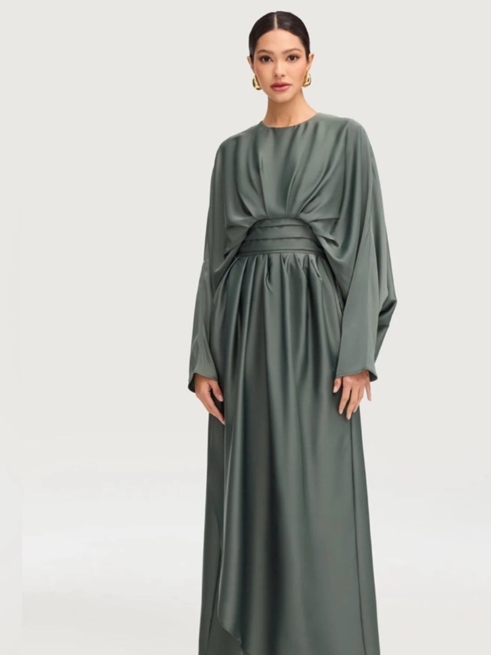 Satin Olive Green Maxi Dress with Draped Bodice
